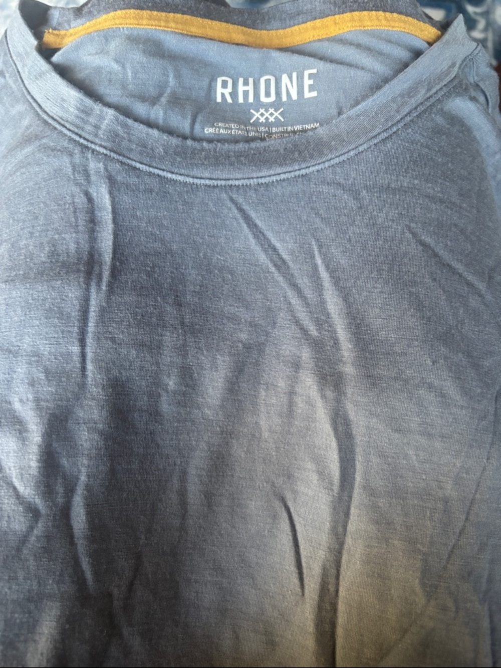 RHONE Men's Slate Blue Crew Neck Tee with Gold Neck Trim